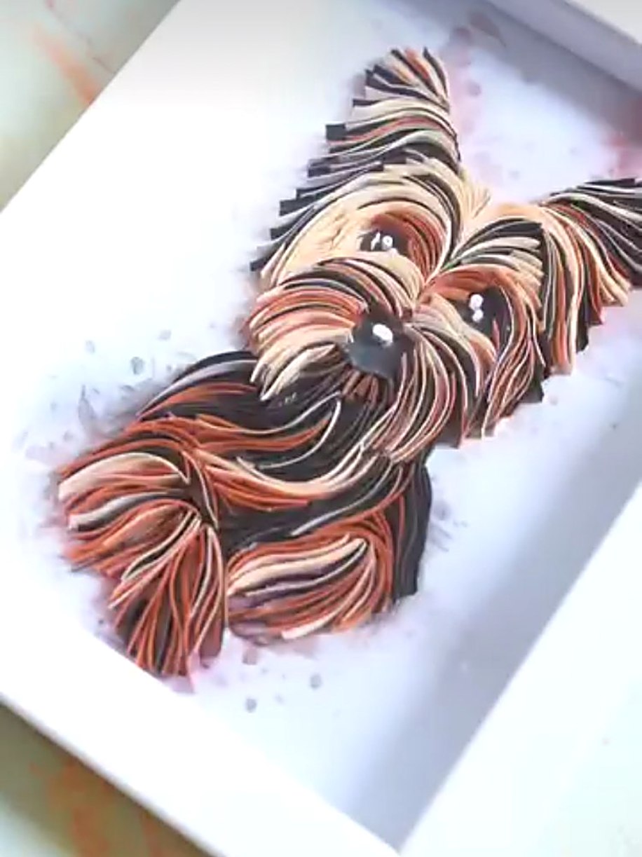 Yorkshire Terrier tablosu yandan: tüy şeritlerinin kabartması görünüyor